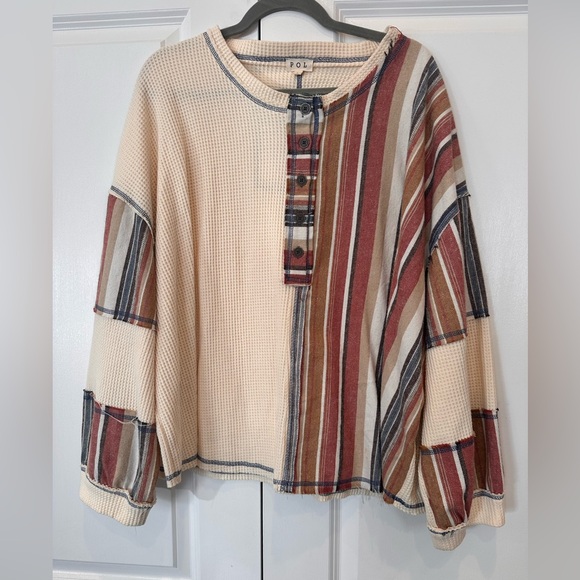 POL Tops - POL Cream, Red, and Blue Textured Top